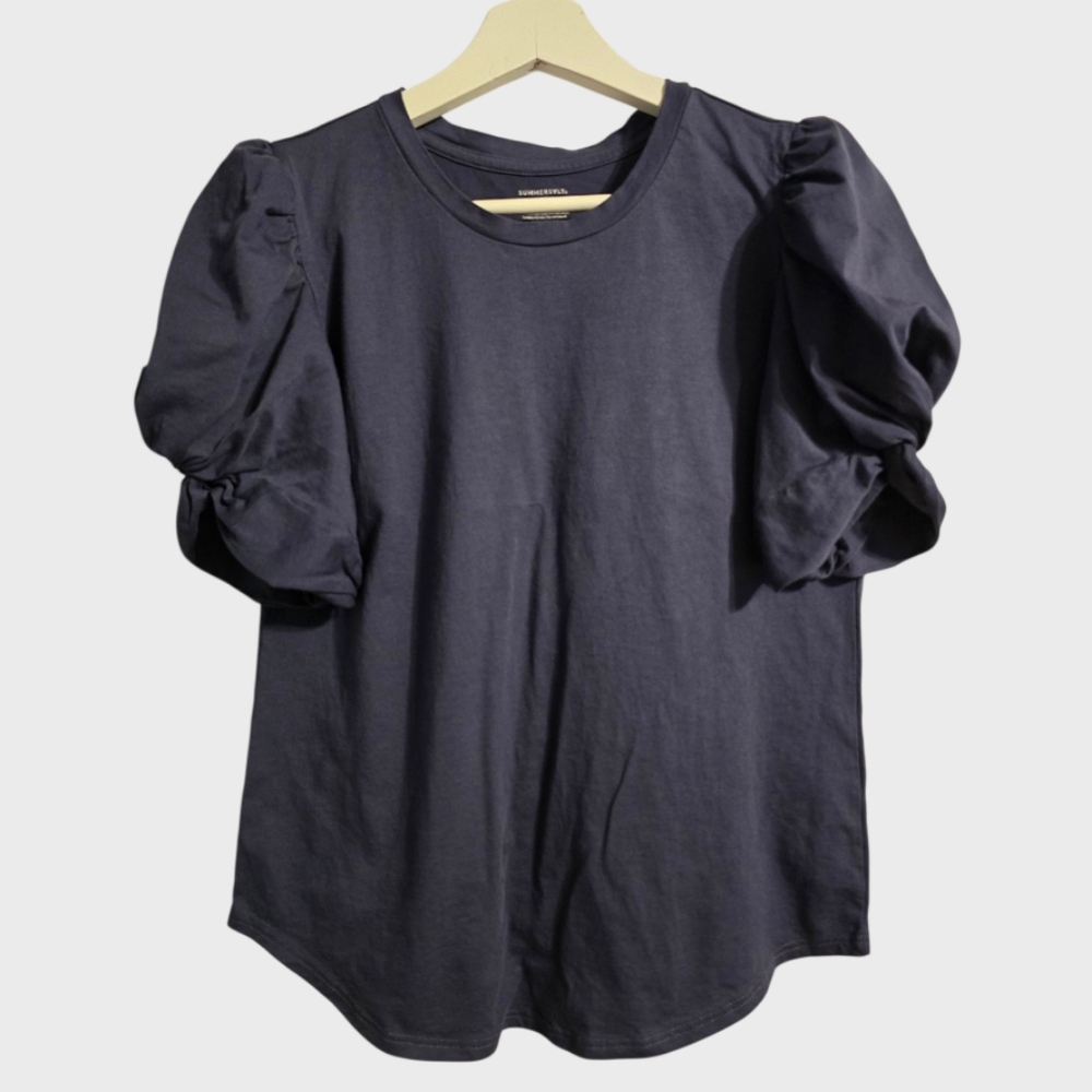 Summersalt Top Blouse Womens SM Navy Puff Sleeve Pima Cotton Maternity Comfort